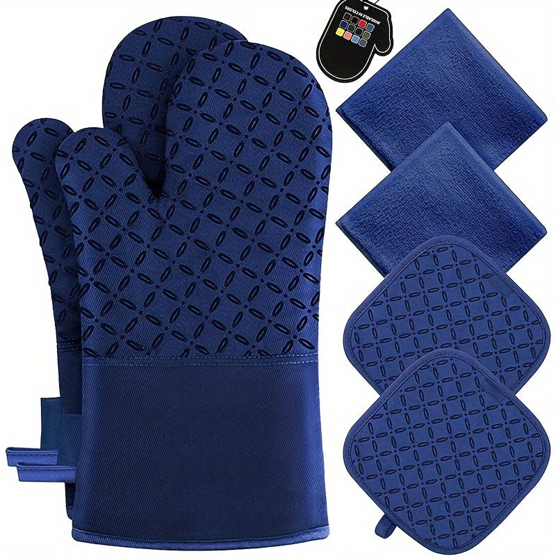 Oven Mitts and Pot Holders Set 6 Piece Heat Resistant Kitchen Gloves with Non-Slip Surface for Cooking Baking BBQ Grilling Multiple Colors Gray Black Green Blue Red Pink