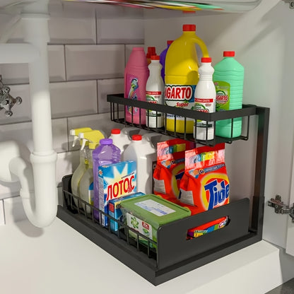 Under Sink Organizer Pull Out 2-Tier Slide Out Cabinet Shelf Storage Rack for Kitchen & Bathroom - Space Saving Sliding Shelf, Black White Grey, 1 or 2 Pack