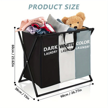 3-Section Laundry Sorter Basket Foldable Hamper with Oxford Cloth Bags & Handles Large Rectangular Clothes Sorter for Home Bedroom Bathroom College Dorm Dirty Laundry Organization