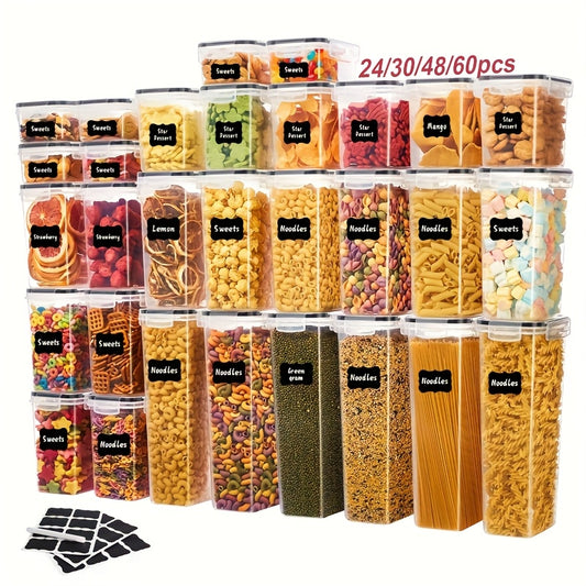 Airtight Kitchen Canisters Set with Lids – 24 30 48 60 Piece Pantry Storage Containers for Food Grain Cereal & Dry Goods, Pest-Proof Flip-Top Jars for Kitchen Organization, BPA-Free