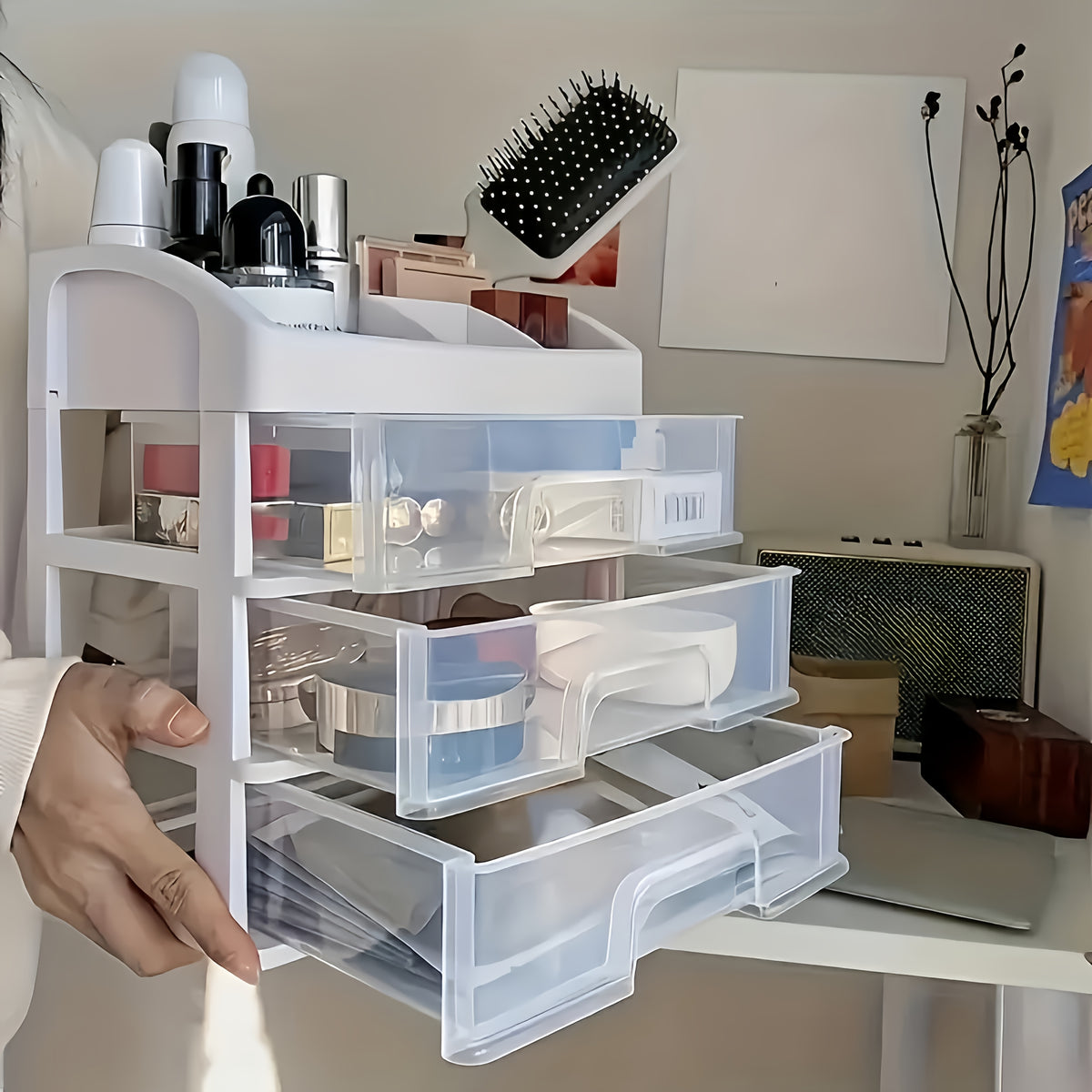 4-Layer Cosmetic Storage Organizer with 3 Pull-Out Drawers Large Capacity Skincare Makeup Desktop Rack No Assembly Bathroom Bedroom Vanity Organizer Gift for Women