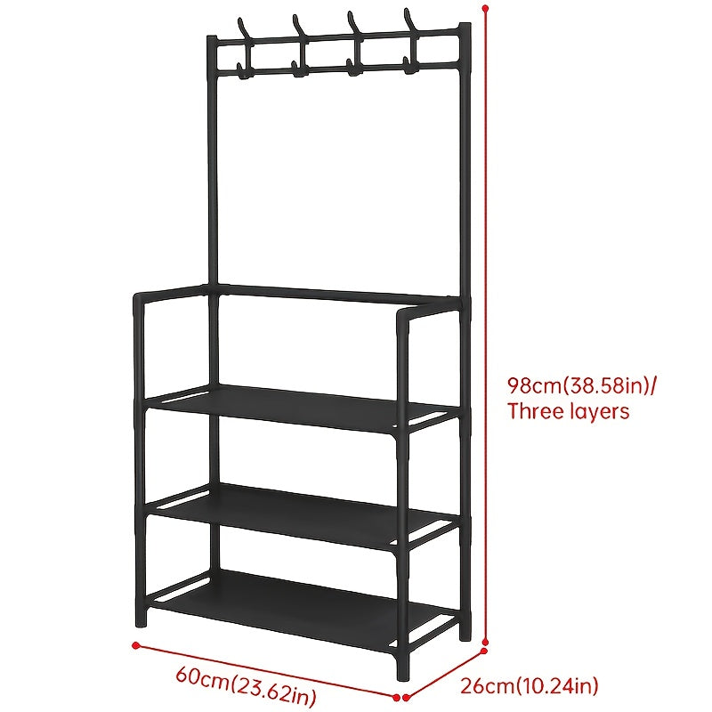 Shoe Rack Organizer with 8 Hooks Multi-Layer - Free Standing Shoe Storage Shelf for Entryway, Closet & Bedroom, Space-Saving Vertical Shoe Tower with Hat & Coat Hooks, 3 or 5 Tier Black
