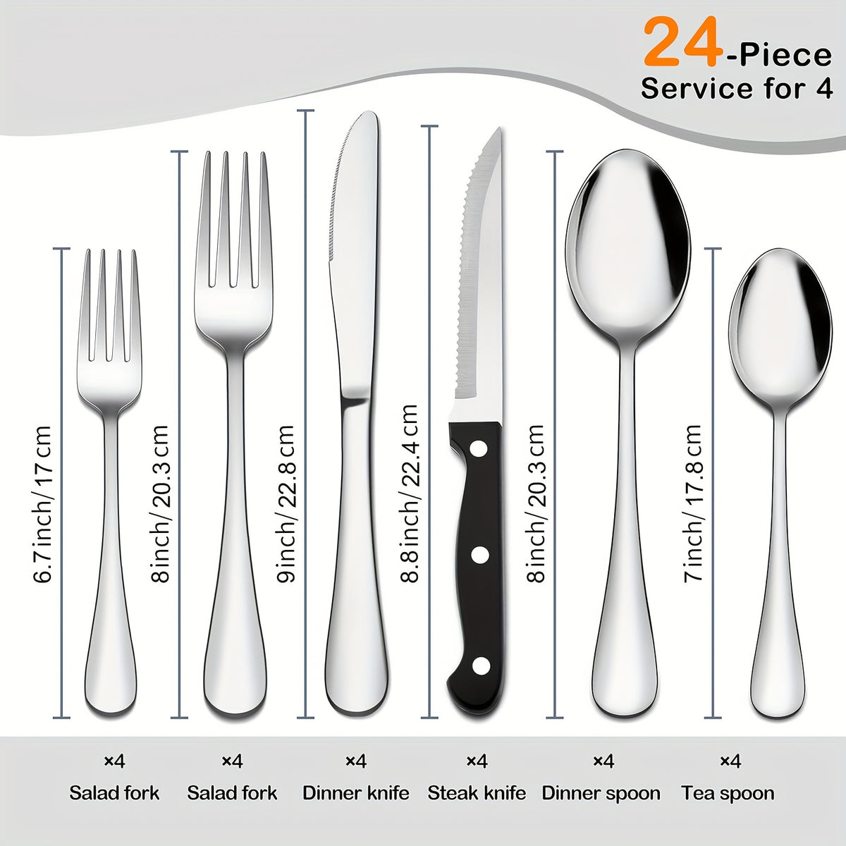Stainless Steel Silverware Set with Steak Knives 24 or 48 Piece – Mirror Polished Flatware Set Dishwasher Safe for 4 or 8 Silver Black