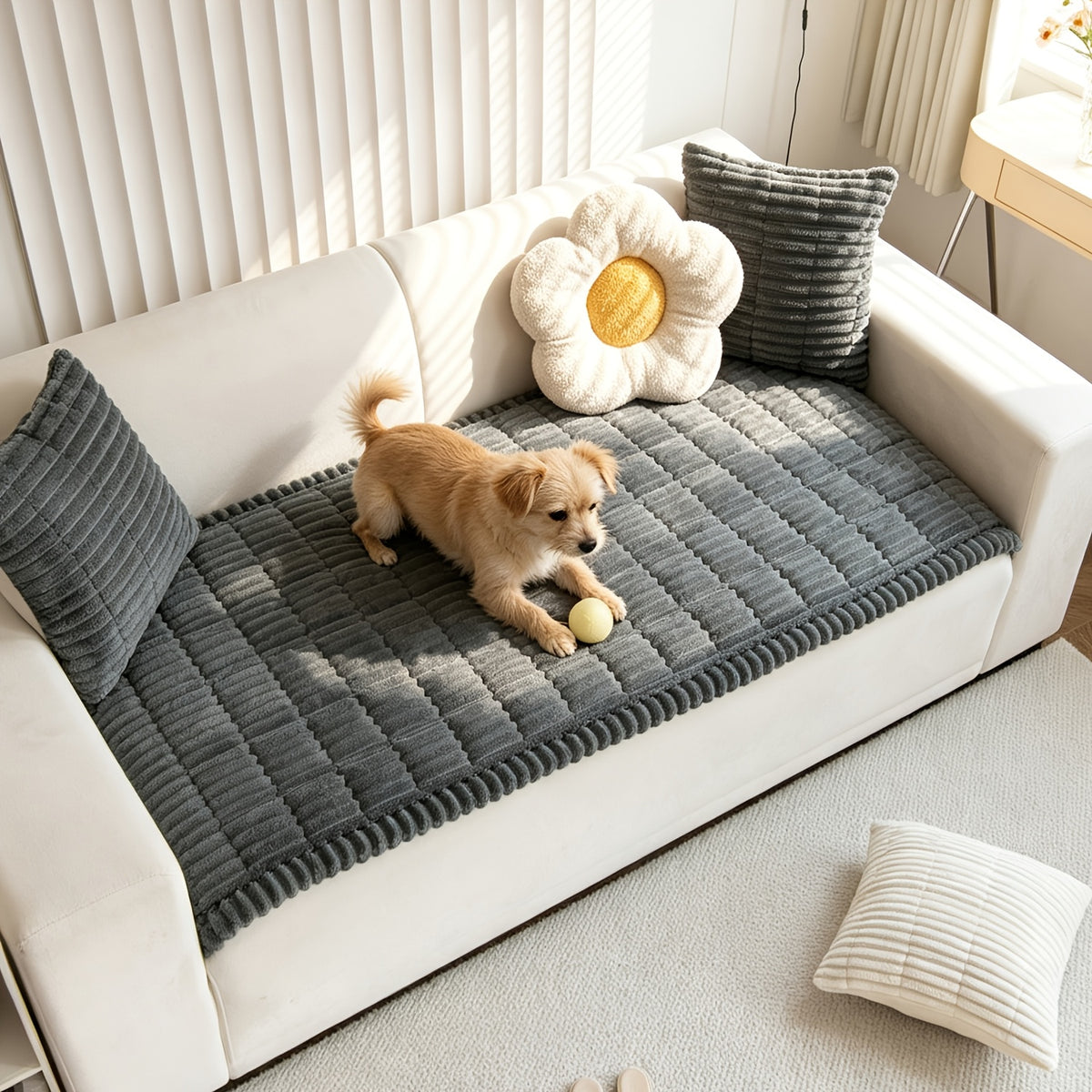 Sofa Cover Plush Velvet - Washable Stretch Couch Cover with Wavy Edge, Soft Shu Velveteen Sofa Protector for 1 2 3 4 Seater, Easy Install Furniture Cover in White Khaki Gray