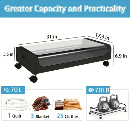Under Bed Storage with Wheels 2-Pack XXL 70L Rolling Containers Organizer for Clothes Bedding Shoes Blankets - Transparent Lid Zippered 600D Oxford Bedroom Dorm