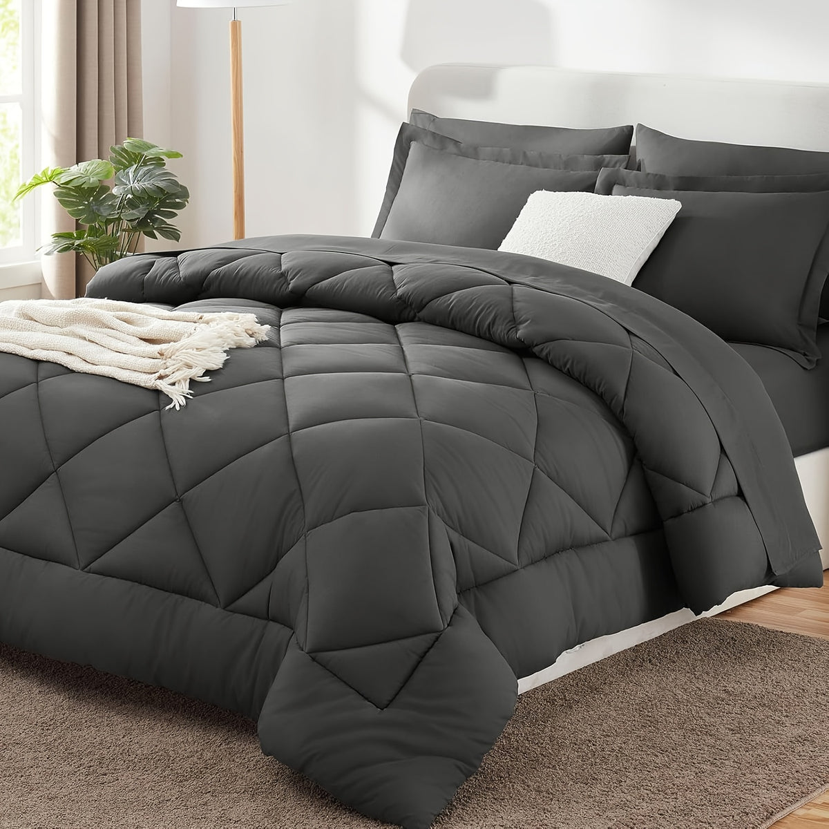Comforter Set Quilted Bedding All Seasons – Warm Soft Breathable Fluffy Fill Duvet with Pillowcases, Twin XL Full Queen King Cal King, Multiple Colors