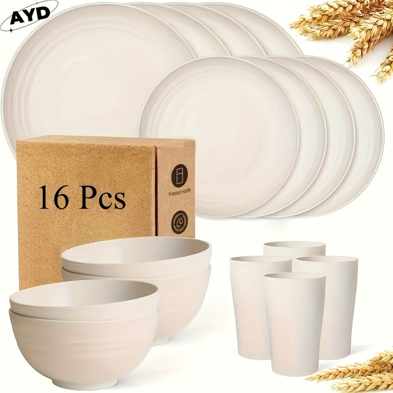 Wheat Straw Dinnerware Set Unbreakable – 16 or 32 Piece Lightweight Dish Set with Dinner Plates, Dessert Plates, Bowls & Cups, Dishwasher & Microwave Safe, Service for 4 or 8, Black or White