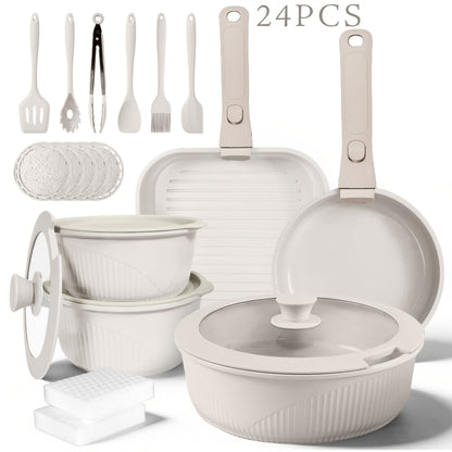 Non-Stick Cookware Set with Removable Handles, 5 7 24 Piece Induction Ready Pots and Pans Set, Stackable Space Saving Kitchen Set with Skillet Frying Pan Soup Pot Steak Pan, Easy to Clean, Multiple Colors
