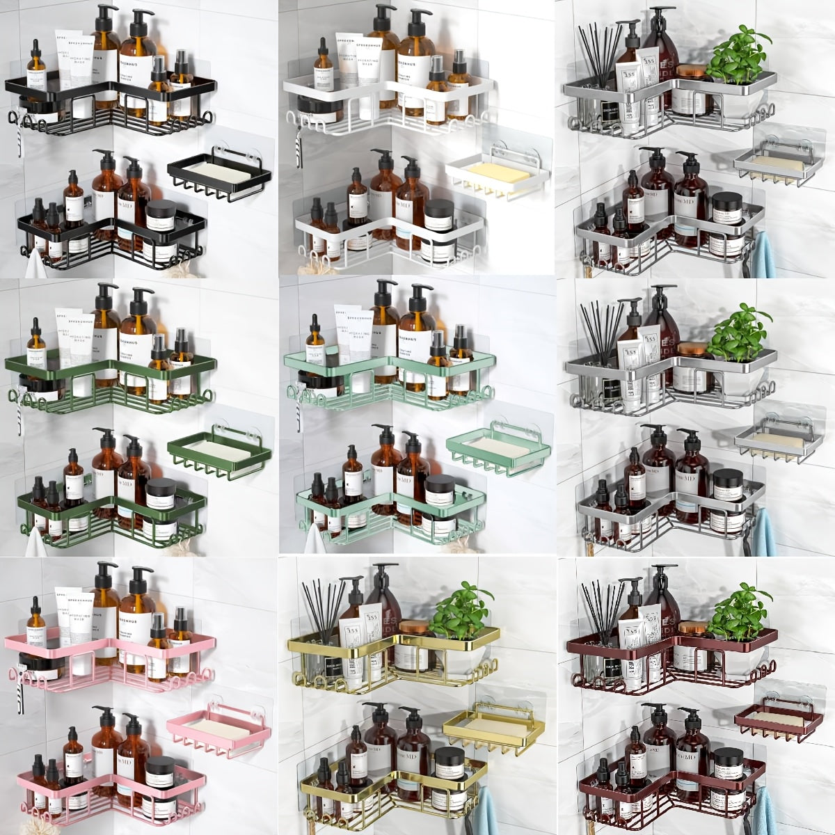 Corner Adhesive Shower Caddy 3 Pack – No Drill Wall Mounted Shower Organizer with Soap Holder & 12 Hooks, Rustproof Stainless Steel Bathroom Shelf, 8 Colors