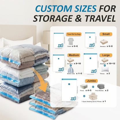 Vacuum Storage Bags for Clothes – Jumbo Space Saver Bags for Comforters Blankets Pillows Bedding, Extra Thick Travel Compression Bags with Hand Pump, 4 8 10 12 20 30 Pack