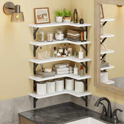 Corner Floating Shelves Rustic Wood 5 or 6 Piece Wall Mounted Heavy Duty Space Saving Storage Shelf for Bathroom Kitchen Bedroom Living Room, Easy Install 8 Colors