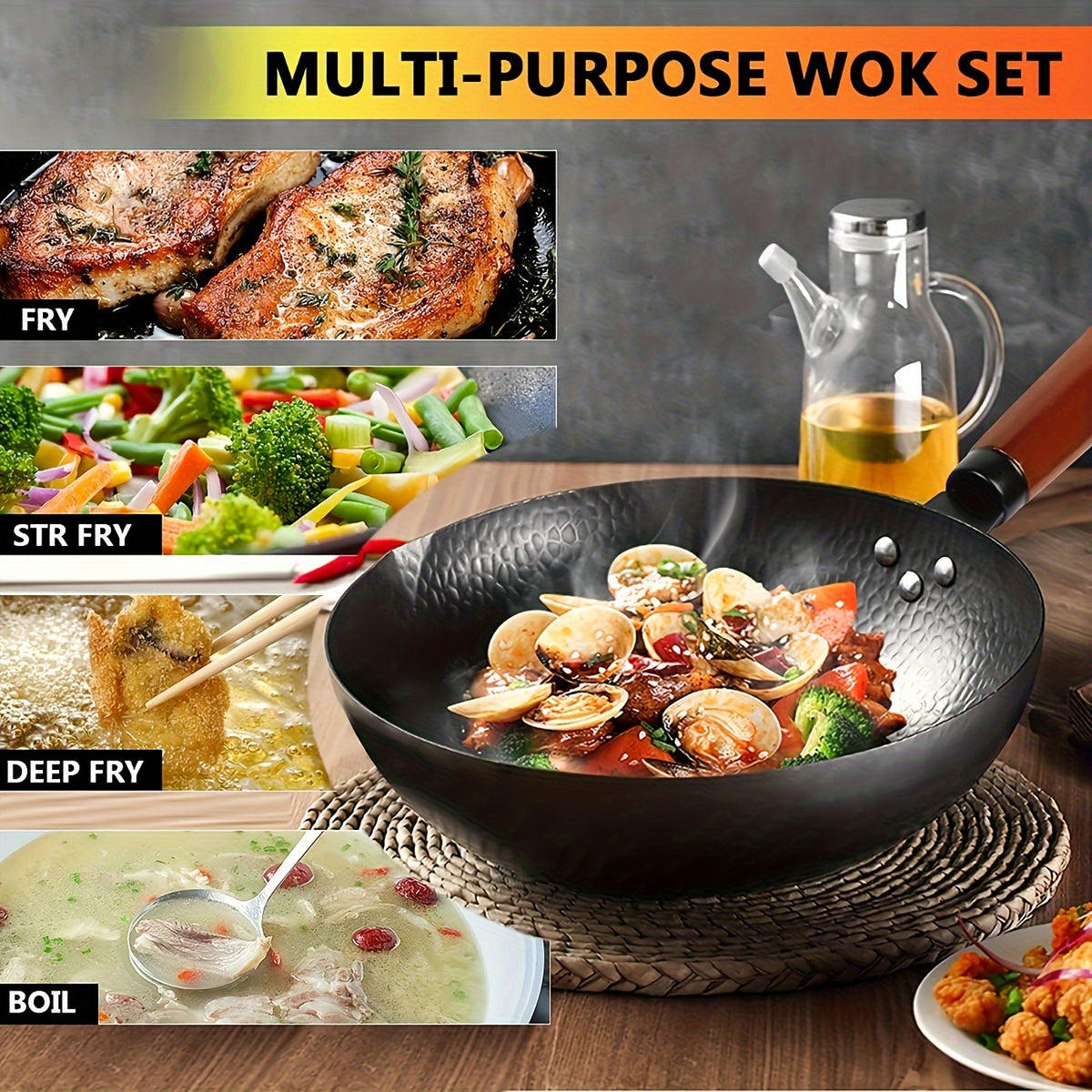 Carbon Steel Wok Set with Lid 12.6 Inch - 14-Piece Non-Stick Stir Fry Pan for All Stoves, Detachable Handle, Honeycomb Surface, Wok Spatula & Kitchen Utensils Included