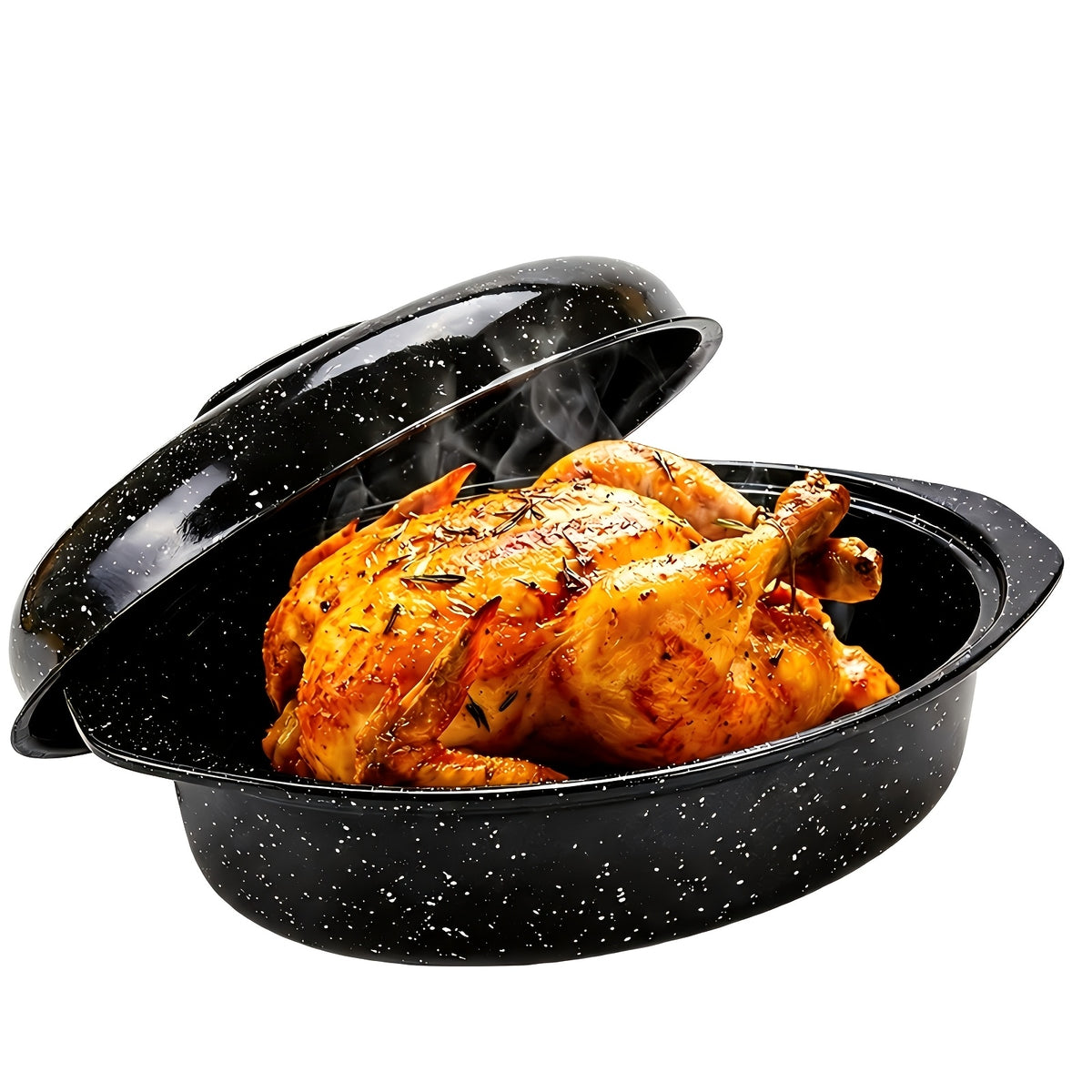 Granite Enamel Roasting Pan with Lid, Nonstick Carbon Steel Turkey Roaster for Oven, Large Bakeware for Chicken Roasting Soup Stew, Available in 13 and 16 Inch in Red Black and Blue