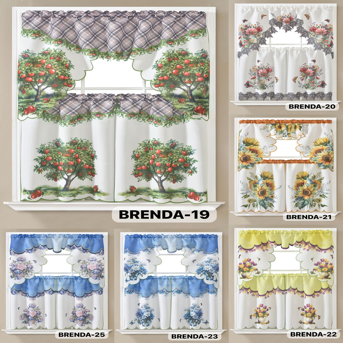 Kitchen Curtains Set 3 Piece with Embroidery – Satin Fabric Valance and Tier Curtains for Kitchen Windows, 49 Colors, Light Filtering, Rod Pocket, Machine Washable