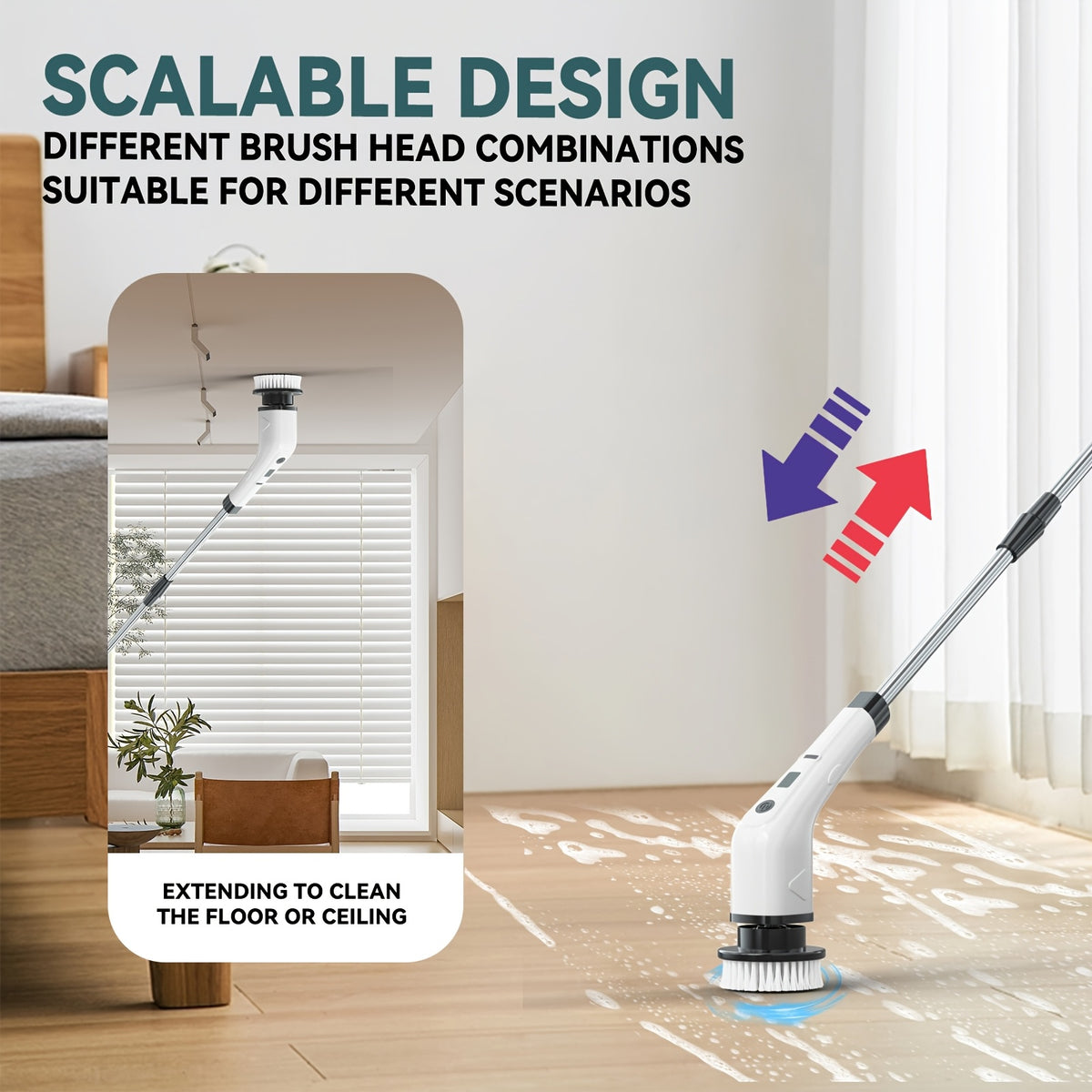 Electric Cleaning Brush with Telescopic Long Handle – 7-in-1 Multifunctional Spin Scrubber for Bathroom Tile Floor Kitchen Tub & Grout Cordless Power Scrubber Household Cleaning Tool