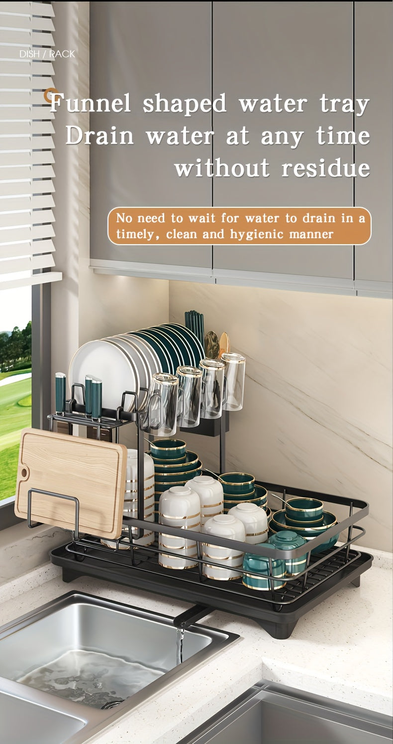 2-Tier Dish Drying Rack Metal with Cutlery Holder, Cup Holder & Rust-Proof Drip Tray – Space Saving Countertop Dish Rack for Kitchen Organization, Black & Dark Gray