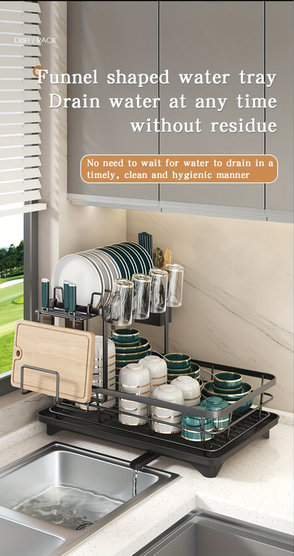 2-Tier Dish Drying Rack Metal with Cutlery Holder, Cup Holder & Rust-Proof Drip Tray – Space Saving Countertop Dish Rack for Kitchen Organization, Black & Dark Gray