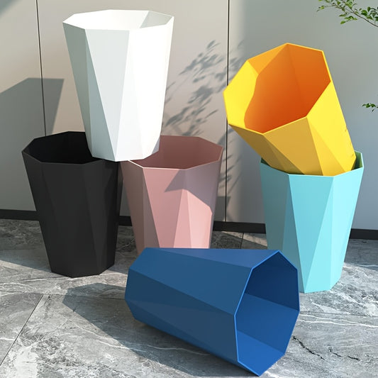 Nordic Octagonal Trash Bins Set of 2 - Geometric Plastic Small Wastebasket for Home Office, Bathroom, Kitchen & Bedroom, Modern Open-Top Waste Bin with Brushed Finish