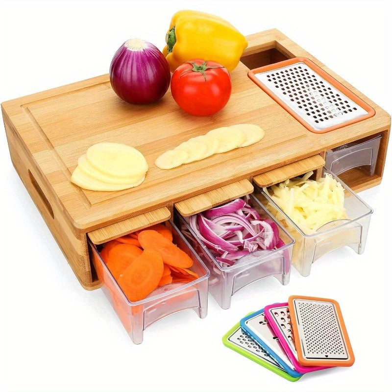Bamboo Cutting Board with Trays and Drawers, Large Chopping Board with Food Sliding Opening and Stackable Airtight Containers for Food Storage Transport and Cleanup, Kitchen Gift for Home Cooks