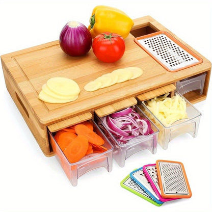 Bamboo Cutting Board with Trays and Drawers, Large Chopping Board with Food Sliding Opening and Stackable Airtight Containers for Food Storage Transport and Cleanup, Kitchen Gift for Home Cooks