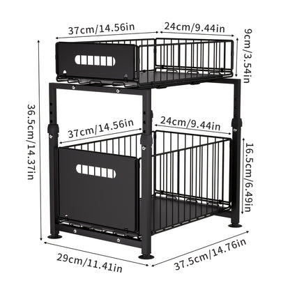 Under Sink Organizer 2-Tier Pull Out Cabinet Shelf with Adjustable Height, Sturdy Carbon Steel Under Sink Storage Rack for Kitchen Bathroom Pantry Cabinet Organization, Space Saving Sliding Drawer
