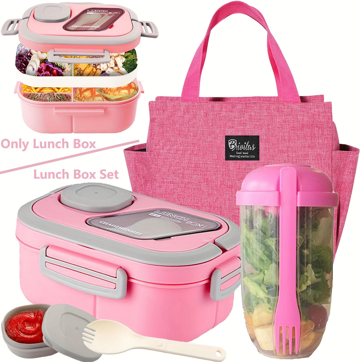Bento Lunch Box Set with Bag and Cup, 2-Layer Multi-Compartment Meal Prep Container for School Office Picnic, Leakproof Food Storage Box with Insulated Lunch Bag, Pink Blue Green White