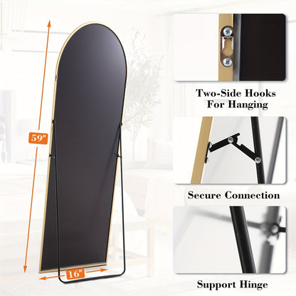 Full Length Mirror Floor Standing – Arched, Angle & Rectangle Full Body Mirror with Thin Steel Frame, Freestanding Leaning or Wall Hanging for Bedroom Bathroom Hotel, Black or Gold