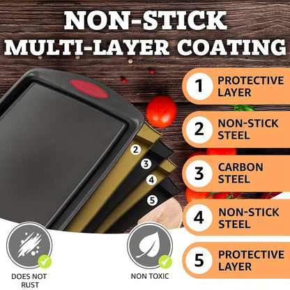 Nonstick Baking Pan Set – 3 or 4 Piece Commercial Grade Steel Oven Pans with Red Silicone Handles, Large Medium & Small Sizes, Easy Clean, Restaurant Quality