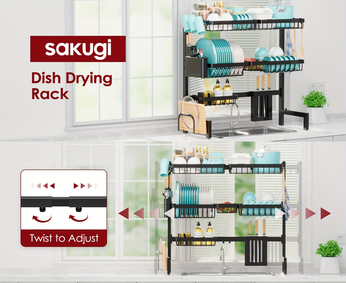 Over Sink Dish Drying Rack 3 Tier Adjustable Expandable - Stainless Steel Kitchen Organizer with Baskets, Utensil Holder, Knife & Cutting Board Holder - Space Saving Dish Drainer for Counter, Black