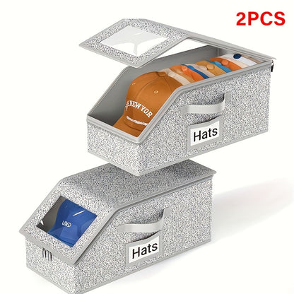 Baseball Cap Storage Box Set of 2 - Large Capacity Hat Organizer with Zipper, Foldable Stackable Dustproof Closet Storage, Multi-Purpose for Hats Clothes Accessories, Durable Fabric