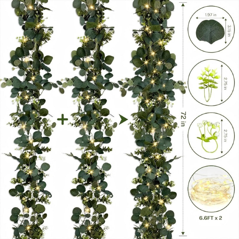Lighted Eucalyptus Wreath 2-Pack 6FT Artificial Green Vine with LED Lights - Faux Eucalyptus Garland for Table Runner Wedding Centerpiece Backdrop Wall Decor Party Home Decoration Warm White