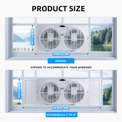 Twin Window Fan with 9-Inch Blades 2-Speed Settings, Dual Window Fan Expandable Width Manual Control for Bedroom Living Room Home Office, Reversible Airflow Window Cooling Fan