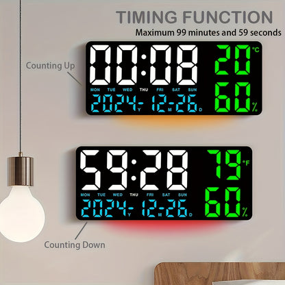 Large Screen LED Alarm Clock with Temperature Humidity Display – 15 Inch Luminous Digital Clock, Week Timer Remote Control, Auto-Dimming, for Bedroom Living Room Office Seniors