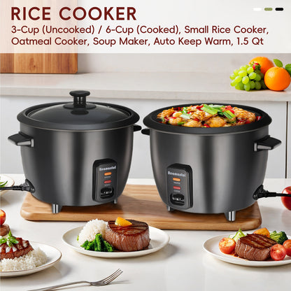 Rice Cooker 6-Cup Non-Stick Multicooker with Auto Keep Warm, One-Touch Operation Electric Grain Cooker with Removable Pot, Steamer Yogurt Maker Oatmeal Cooker, Stainless Steel Inner Liner, 1.5Qt Compact, Black