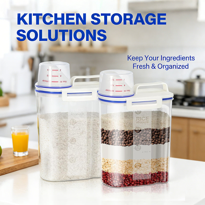 Food Storage Canisters 4 Pack Large Capacity Transparent PP Plastic with Measuring Cups and Scale Markings, Flip Top Lid Airtight Kitchen Pantry Containers for Rice Flour Grains Dog Food Organization