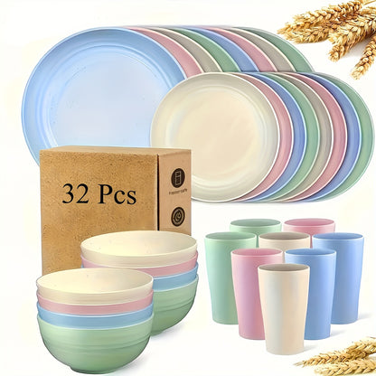 Wheat Straw Dinnerware Set 16 or 32 Piece Unbreakable for 4 or 8 People, Eco-Friendly Plates Bowls Cups Dishwasher Microwave Safe, Lightweight Camping Outdoor Indoor Dinnerware, Black Colorful