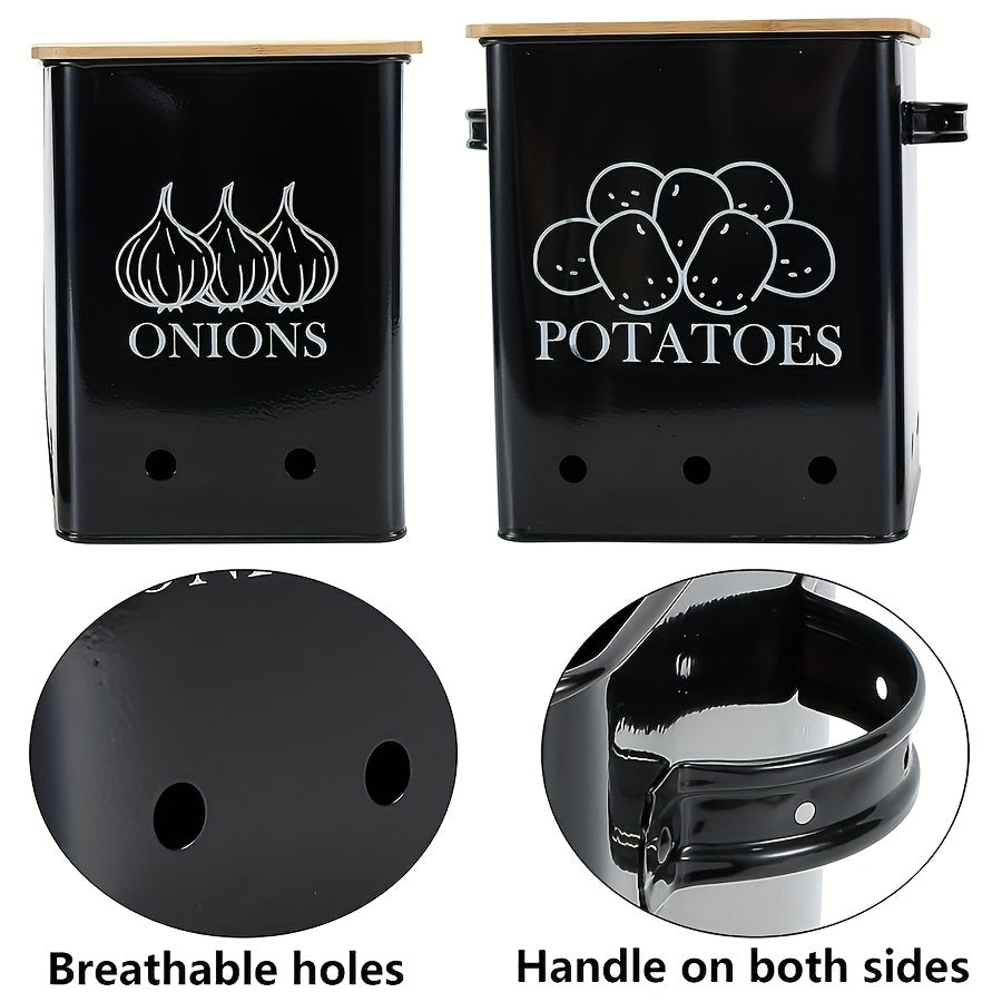 Potato Onion Storage Bin with Wooden Lid & Aerating Holes, Kitchen Vegetable Canister Organizer for Onion Potato Garlic Fruit, Countertop Food Storage Container Black White Green