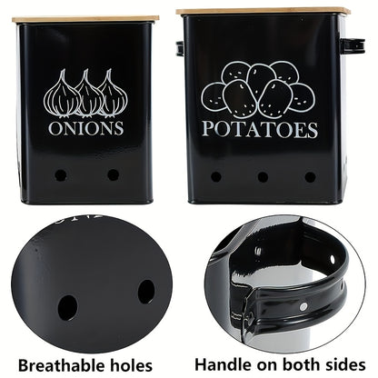 Potato Onion Storage Bin with Wooden Lid & Aerating Holes, Kitchen Vegetable Canister Organizer for Onion Potato Garlic Fruit, Countertop Food Storage Container Black White Green