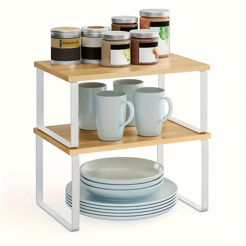 Adjustable Stackable Shelf Organizer Set of 2 – Wooden Cabinet Storage Rack for Kitchen Counter, Spice, Pantry, Bathroom & Under Sink, Space-Saving Home Organization