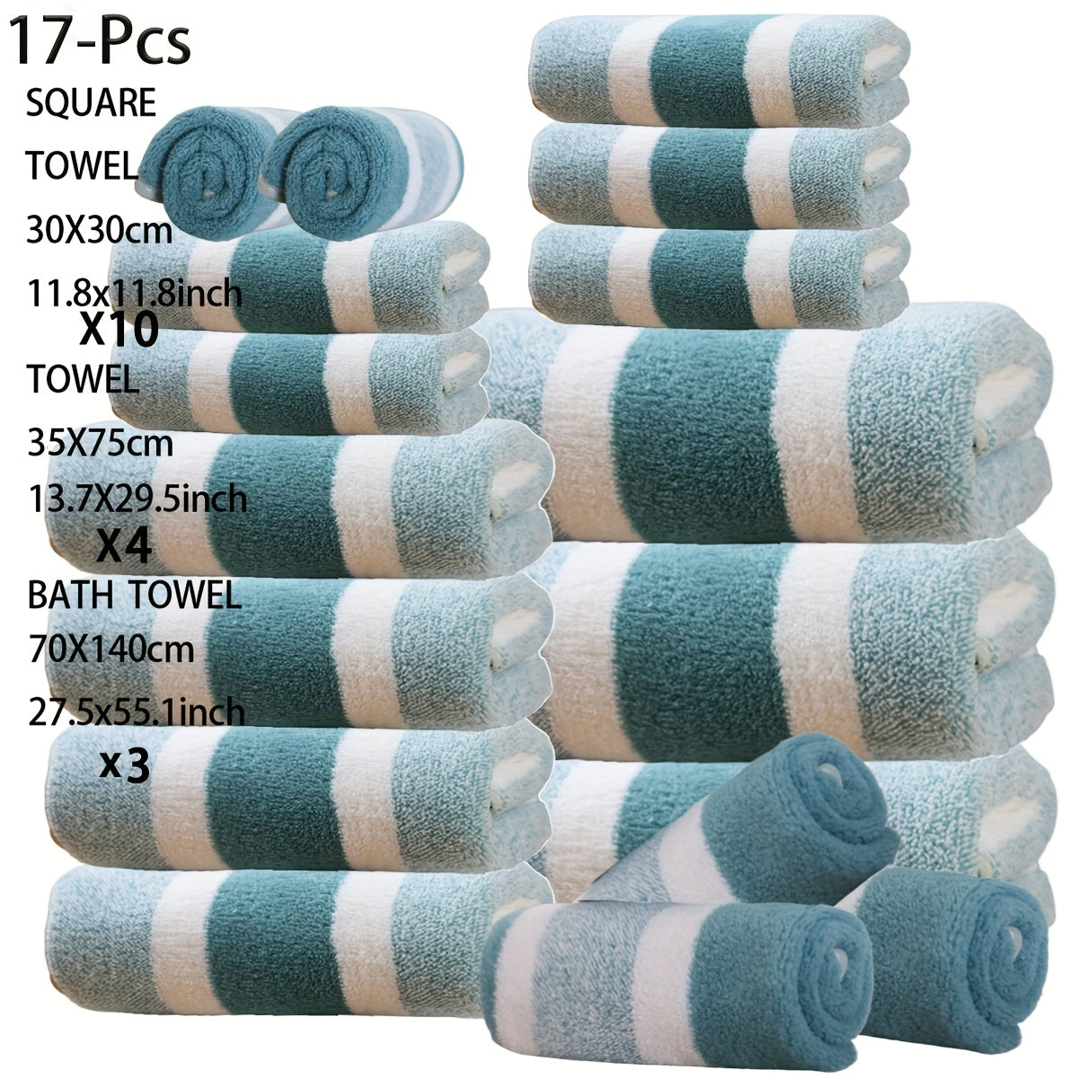 17 Pcs Bath Towel Set Quick-Dry Highly Absorbent Soft Coral Fleece Towels - Multi-Size Family Bathroom Towels with Hanging Loops for Home Hotel Spa, Plush & Durable, Navy Striped Design