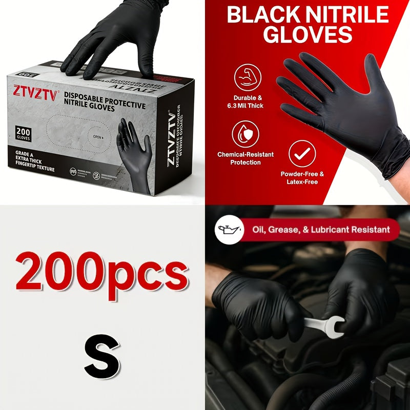 Black Nitrile Disposable Gloves 200 Pack – High-Density Latex-Free Chemical Resistant Gloves for Cleaning Tattooing Painting Car Washing, Industrial Grade Flexible Fit, S M L XL
