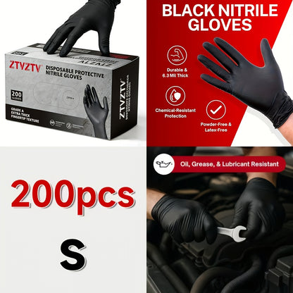 Black Nitrile Disposable Gloves 200 Pack – High-Density Latex-Free Chemical Resistant Gloves for Cleaning Tattooing Painting Car Washing, Industrial Grade Flexible Fit, S M L XL
