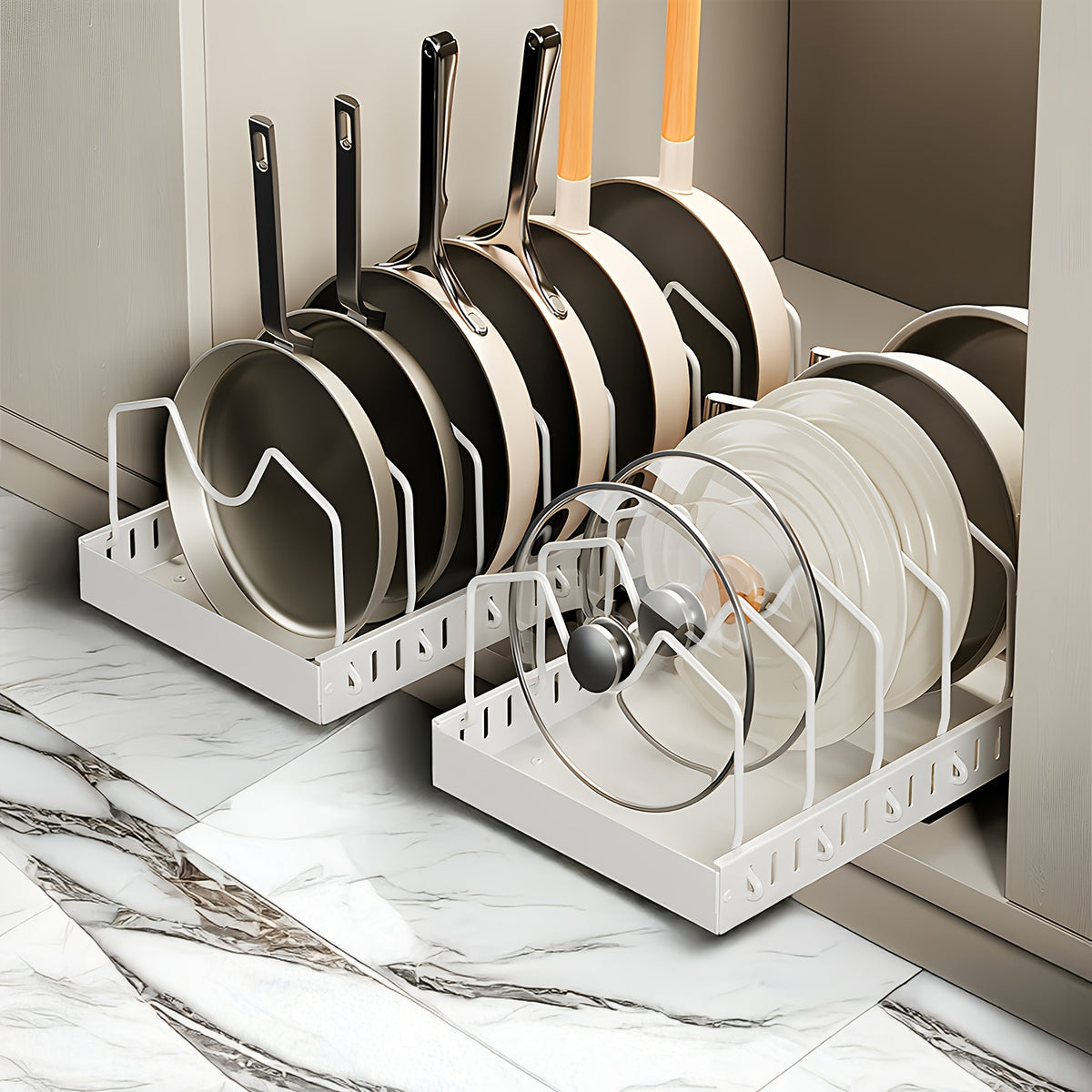 Sliding Pot and Pan Organizer Rack with Pull-Out Drawer – Under Cabinet Kitchen Storage for Pot Lids, Baking Trays & Utensils, 8 Adjustable Dividers, Black White Gray