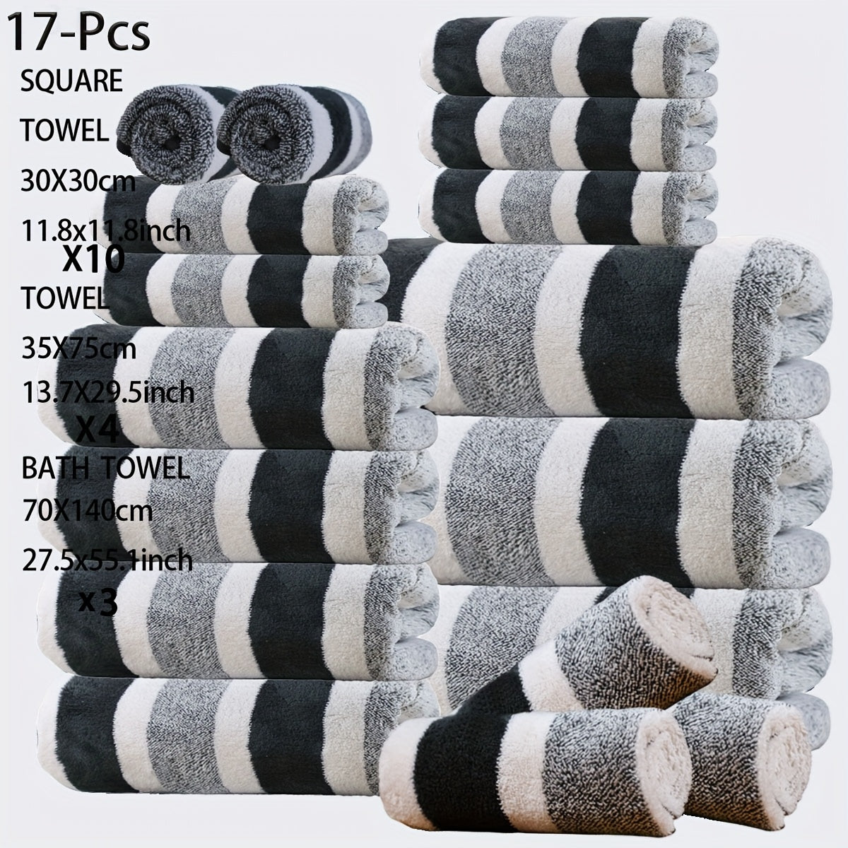 17 Pcs Bath Towel Set Quick-Dry Highly Absorbent Soft Coral Fleece Towels - Multi-Size Family Bathroom Towels with Hanging Loops for Home Hotel Spa, Plush & Durable, Navy Striped Design