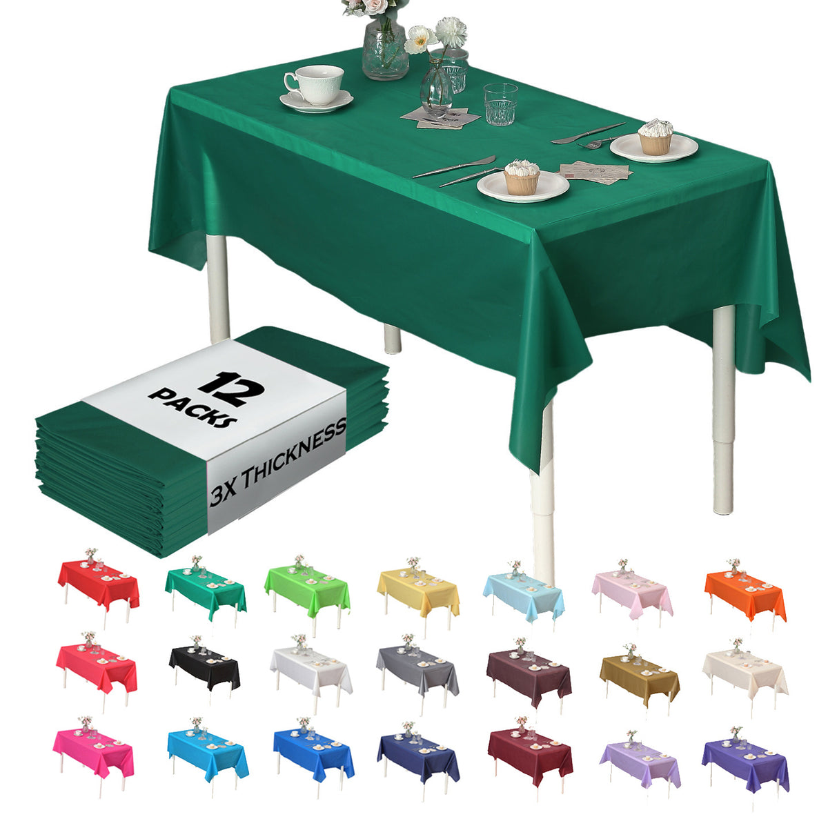 Disposable Plastic Tablecloth 12-Pack – Heavy Duty Table Cover for Parties, 84" Round & 54"x108" Rectangle, 22 Colors for Kitchen Dining Outdoor Events