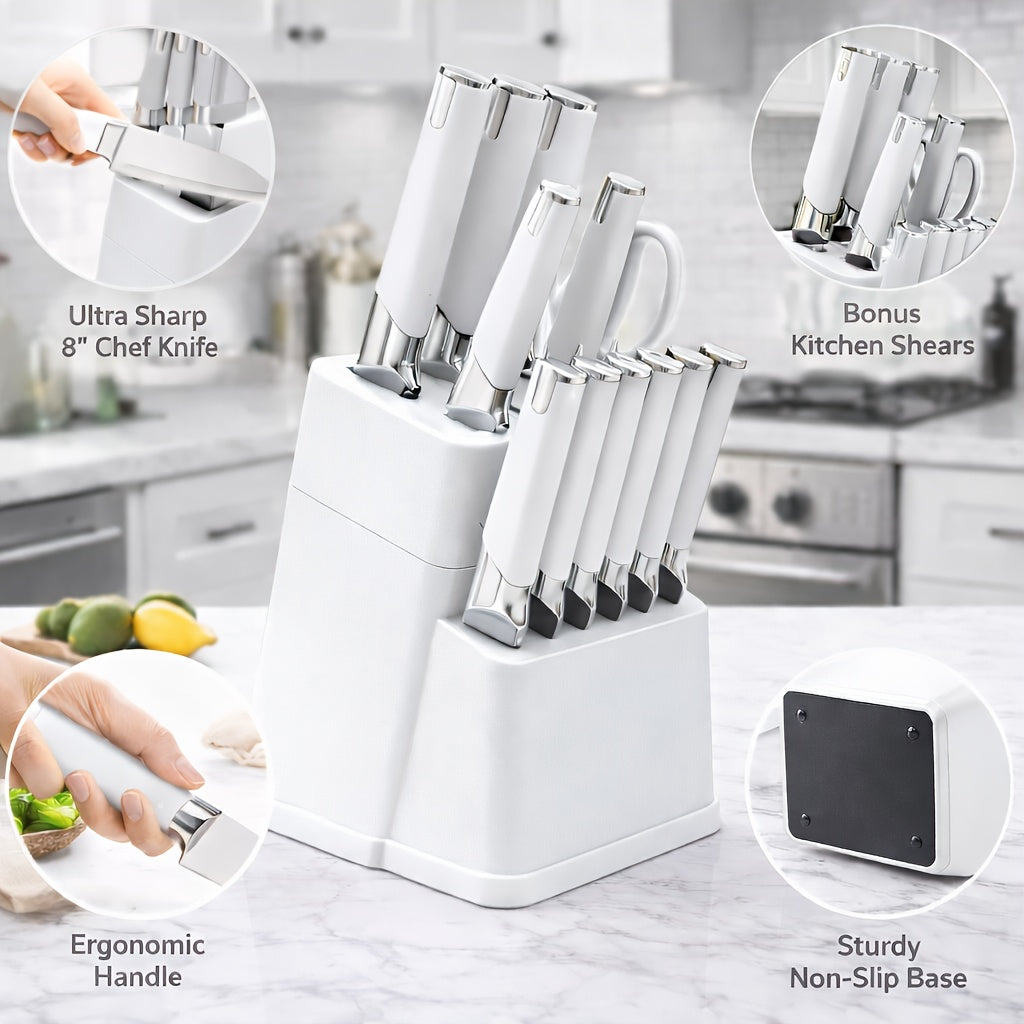 13-Piece Kitchen Knife Set with Block Holder - Chef Knife, Bread Knife, 6 Steak Knives & Scissors - Sharp Stainless Steel Blades, Durable Ergonomic Handle, Perfect Housewarming Gift for Home Kitchen