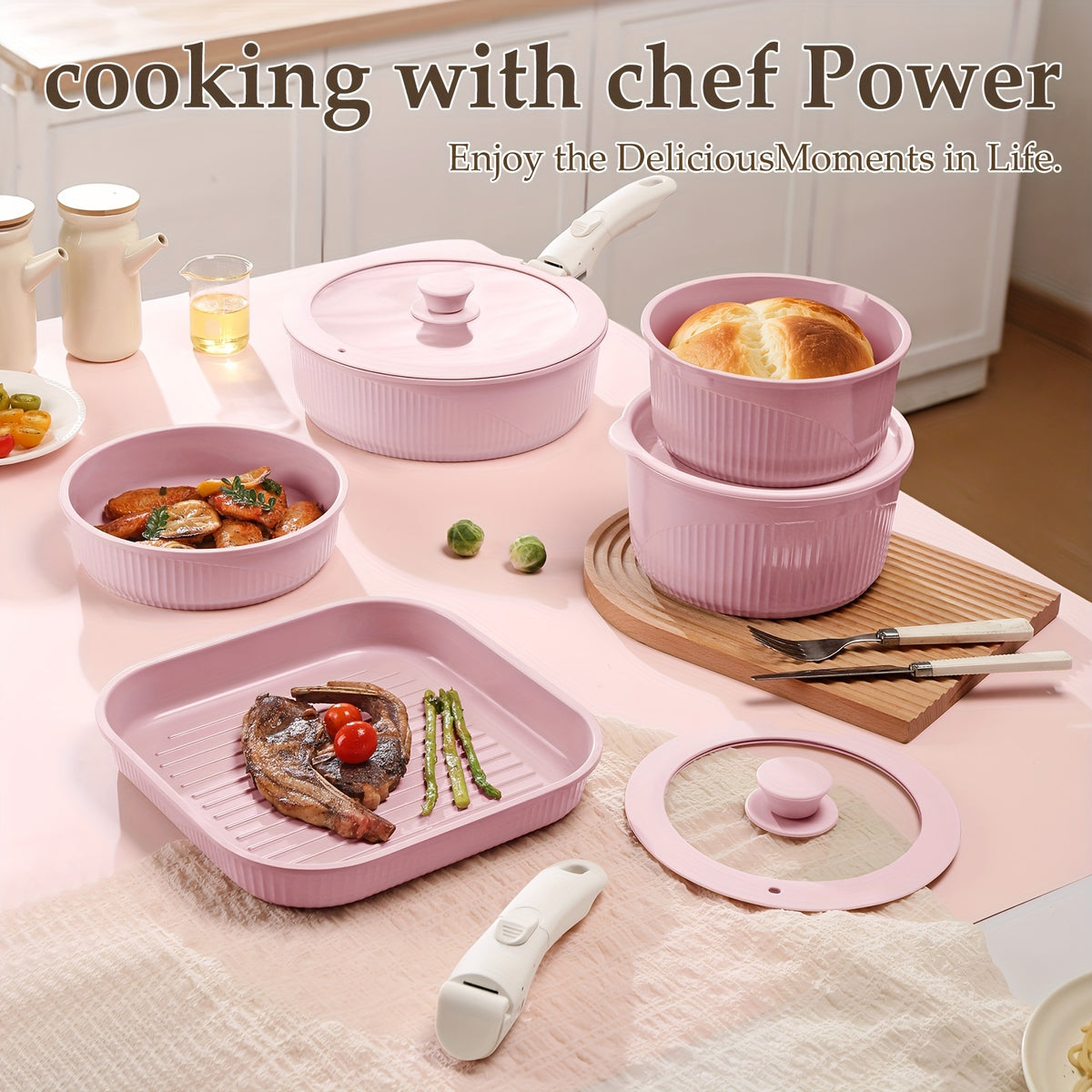 Non-Stick Cookware Set with Removable Handles, 5 7 24 Piece Induction Ready Pots and Pans Set, Stackable Space Saving Kitchen Set with Skillet Frying Pan Soup Pot Steak Pan, Easy to Clean, Multiple Colors