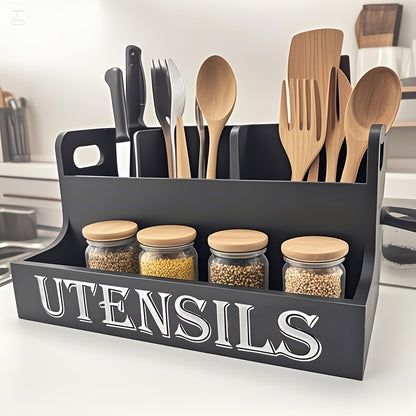 Extra Large Kitchen Utensil Organizer 4 Compartments Wooden Countertop Utensil Holder - Farmhouse Rustic Kitchen Storage for Cooking Utensils Spatulas Spoons - White Black