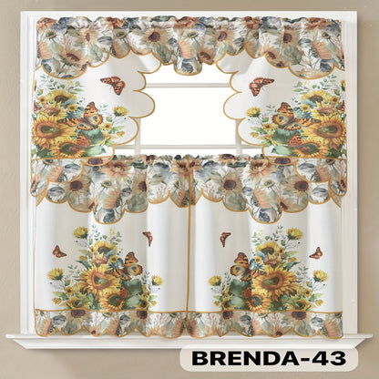 Kitchen Curtains Set 3 Piece with Embroidery – Satin Fabric Valance and Tier Curtains for Kitchen Windows, 49 Colors, Light Filtering, Rod Pocket, Machine Washable