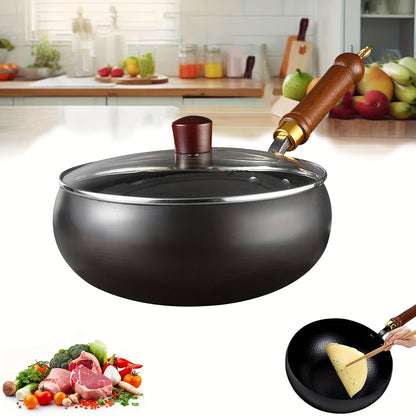 Japanese Wok Large Bellied Non Stick Cookware with Heat Resistant Handle, Fits Gas & Induction Stoves, Pressure Cooker for Soups & Stewing, Chafing Dish Alternative, Kitchen Camping Gadget